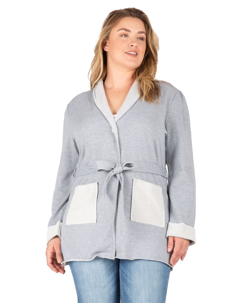 Front of a model wearing a size 1X Irene Shawl Collared Cardigan in HEATHERGREY by Standards & Practices. | dia_product_style_image_id:280828